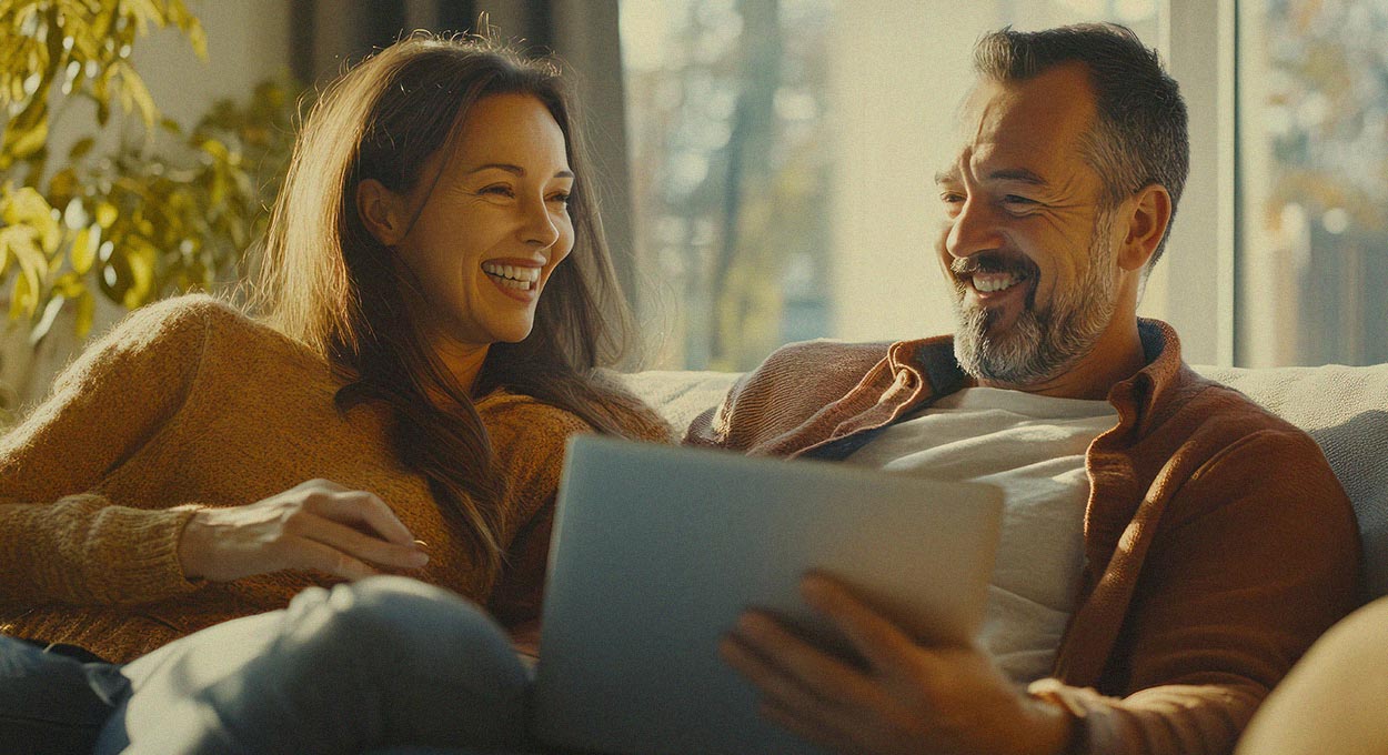 Couple using laptop computer relaxing on couch at home